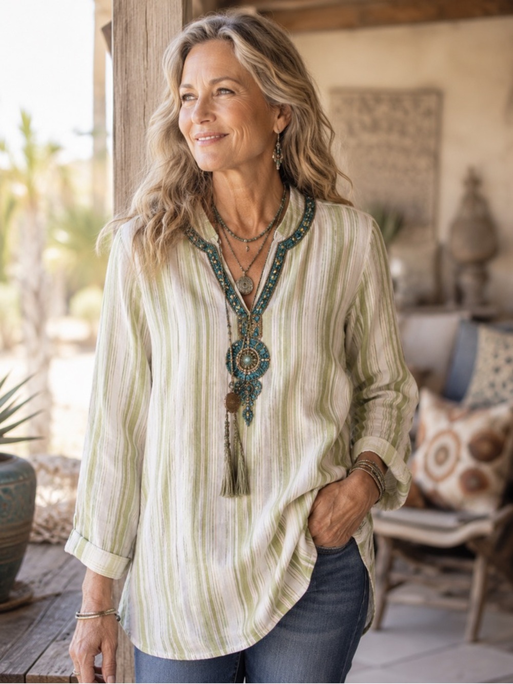 Soft Surroundings Women M Tunic Top Green Stripe Embroidered Beaded Boho Cotton